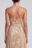 Champagne Velvet Halter Neck Jacquard Ruched Long Mother of the Bride Dress with Sash