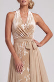 Champagne Velvet Halter Neck Jacquard Ruched Long Mother of the Bride Dress with Sash