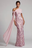 Sparkly Pink One Shoulder Sequins Mermaid Long Mother of the Bride Dress with Beading