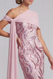 Sparkly Pink One Shoulder Sequins Mermaid Long Mother of the Bride Dress with Beading