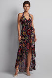 Black Velvet Floral Halter Neck High Low Asymmetrical A-Line Mother of the Bride Dress with Side Slit Ruffles