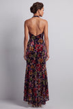 Black Velvet Floral Halter Neck High Low Asymmetrical A-Line Mother of the Bride Dress with Side Slit Ruffles