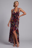 Black Velvet Floral Halter Neck High Low Asymmetrical A-Line Mother of the Bride Dress with Side Slit Ruffles
