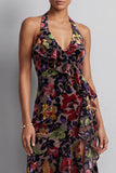 Black Velvet Floral Halter Neck High Low Asymmetrical A-Line Mother of the Bride Dress with Side Slit Ruffles