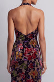 Black Velvet Floral Halter Neck High Low Asymmetrical A-Line Mother of the Bride Dress with Side Slit Ruffles