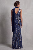 Dark Navy Lace Sequins Mermaid Long Mother of the Bride Dress with Draping