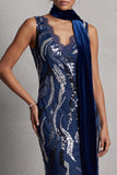 Dark Navy Lace Sequins Mermaid Long Mother of the Bride Dress with Draping