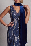 Dark Navy Lace Sequins Mermaid Long Mother of the Bride Dress with Draping