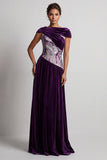 Plum Velvet Bateau Neck Ruched Sequins A-Line Long Mother of the Bride Dress with Beading