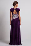 Plum Velvet Bateau Neck Ruched Sequins A-Line Long Mother of the Bride Dress with Beading