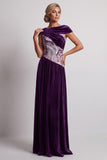 Plum Velvet Bateau Neck Ruched Sequins A-Line Long Mother of the Bride Dress with Beading
