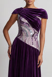 Plum Velvet Bateau Neck Ruched Sequins A-Line Long Mother of the Bride Dress with Beading
