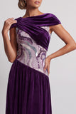 Plum Velvet Bateau Neck Ruched Sequins A-Line Long Mother of the Bride Dress with Beading