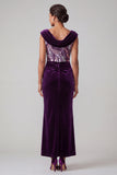 Plum Velvet Cowl Neck Sequins Ruched Sheath Mother of the Bride Dress