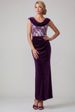 Plum Velvet Cowl Neck Sequins Ruched Sheath Mother of the Bride Dress