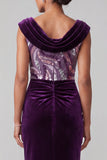 Plum Velvet Cowl Neck Sequins Ruched Sheath Mother of the Bride Dress