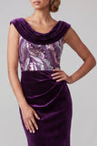 Plum Velvet Cowl Neck Sequins Ruched Sheath Mother of the Bride Dress