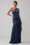 Navy Velvet One Shoulder Asymmetrical Chiffon Mermaid Ruched Mother of the Bride Dress
