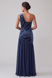 Navy Velvet One Shoulder Asymmetrical Chiffon Mermaid Ruched Mother of the Bride Dress
