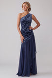 Navy Velvet One Shoulder Asymmetrical Chiffon Mermaid Ruched Mother of the Bride Dress