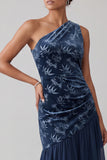 Navy Velvet One Shoulder Asymmetrical Chiffon Mermaid Ruched Mother of the Bride Dress
