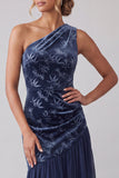 Navy Velvet One Shoulder Asymmetrical Chiffon Mermaid Ruched Mother of the Bride Dress
