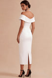 Off The Shoulder White Sheath Pearls Midi Engagement Dress