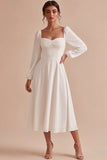 White A-Line Square Neck Midi Engagement Dress with Long Sleeves