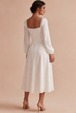 White A-Line Square Neck Midi Engagement Dress with Long Sleeves