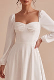 White A-Line Square Neck Midi Engagement Dress with Long Sleeves