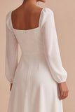White A-Line Square Neck Midi Engagement Dress with Long Sleeves