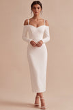 White Sheath Long Sleeves Midi Engagement Dress