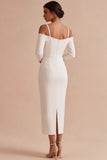 White Sheath Long Sleeves Midi Engagement Dress