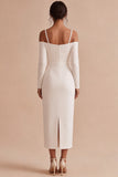 White Sheath Long Sleeves Midi Engagement Dress