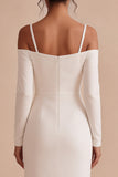 White Sheath Long Sleeves Midi Engagement Dress