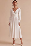 White Ruched A-Line Midi Engagement Dress with Long Sleeves