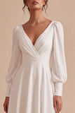 White Ruched A-Line Midi Engagement Dress with Long Sleeves