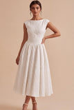 Floral White Jacquard A-Line Bateau Engagement Dress with Cap Sleeve