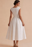 Floral White Jacquard A-Line Bateau Engagement Dress with Cap Sleeve
