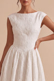 Floral White Jacquard A-Line Bateau Engagement Dress with Cap Sleeve