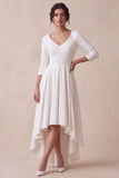 White High-Low A-Line V-Neck Engagement Dress with 3/4 Sleeves