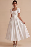 White Rhinestones A-Line Square Neck Engagement Dress with Puff Sleeves