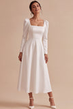 White A-Line Square Neck Long Engagement Dress with Long Sleeves