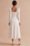 White A-Line Square Neck Long Engagement Dress with Long Sleeves