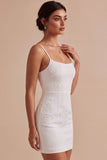 Floral Jacquard Bodycon Spaghetti Straps Mini Little White Dress