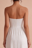 Strapless White Jacquard A-Line Corset Long Engagement Dress with Slit