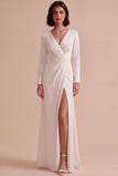 White V-Neck Ruched A-Line Long Engagement Dress with Slit