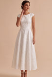 White A-Line Bateau Jacquard Long Engagement Dress with Cap Sleeves