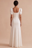 White Square Neck A-Line Long Engagement Dress with Puff Sleeves
