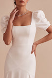 White Square Neck A-Line Long Engagement Dress with Puff Sleeves